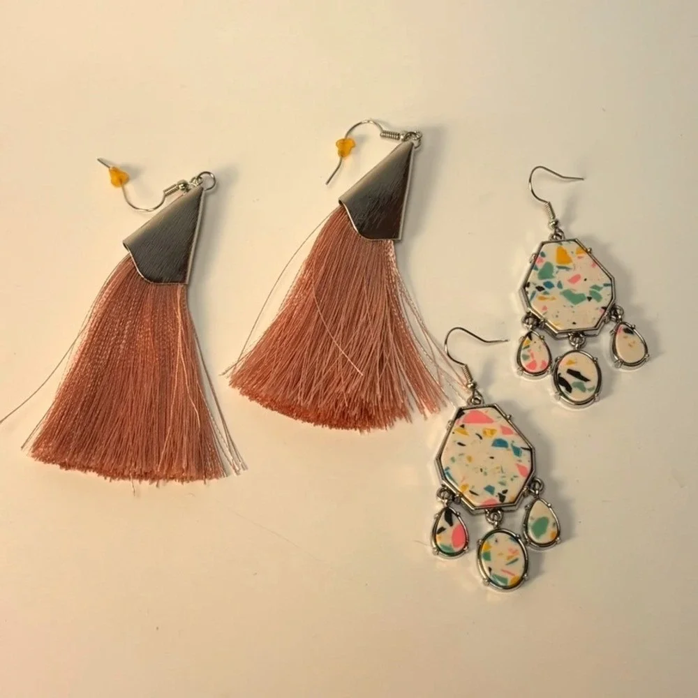 Earring Set Mauve Pink Tassel and Terrazzo Print Geometric‎ Drop Earrings